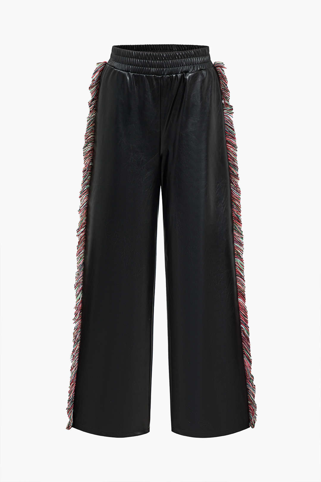 Solid Faux Leather Trousers With Fringe