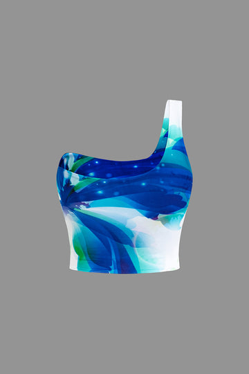 Abstract Print One-Shoulder Crop Tank Top