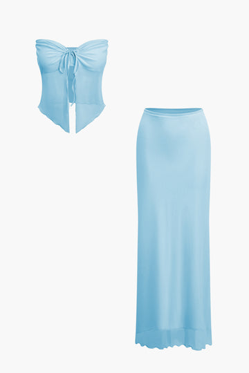 Ruched Sleeveless Double-Layered Mesh Split Strapless Top And Maxi Skirt Set
