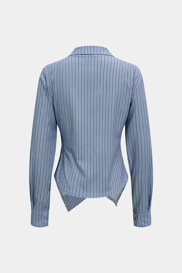 Stripes Print V-Neck Ruched Long-Sleeve Shirt