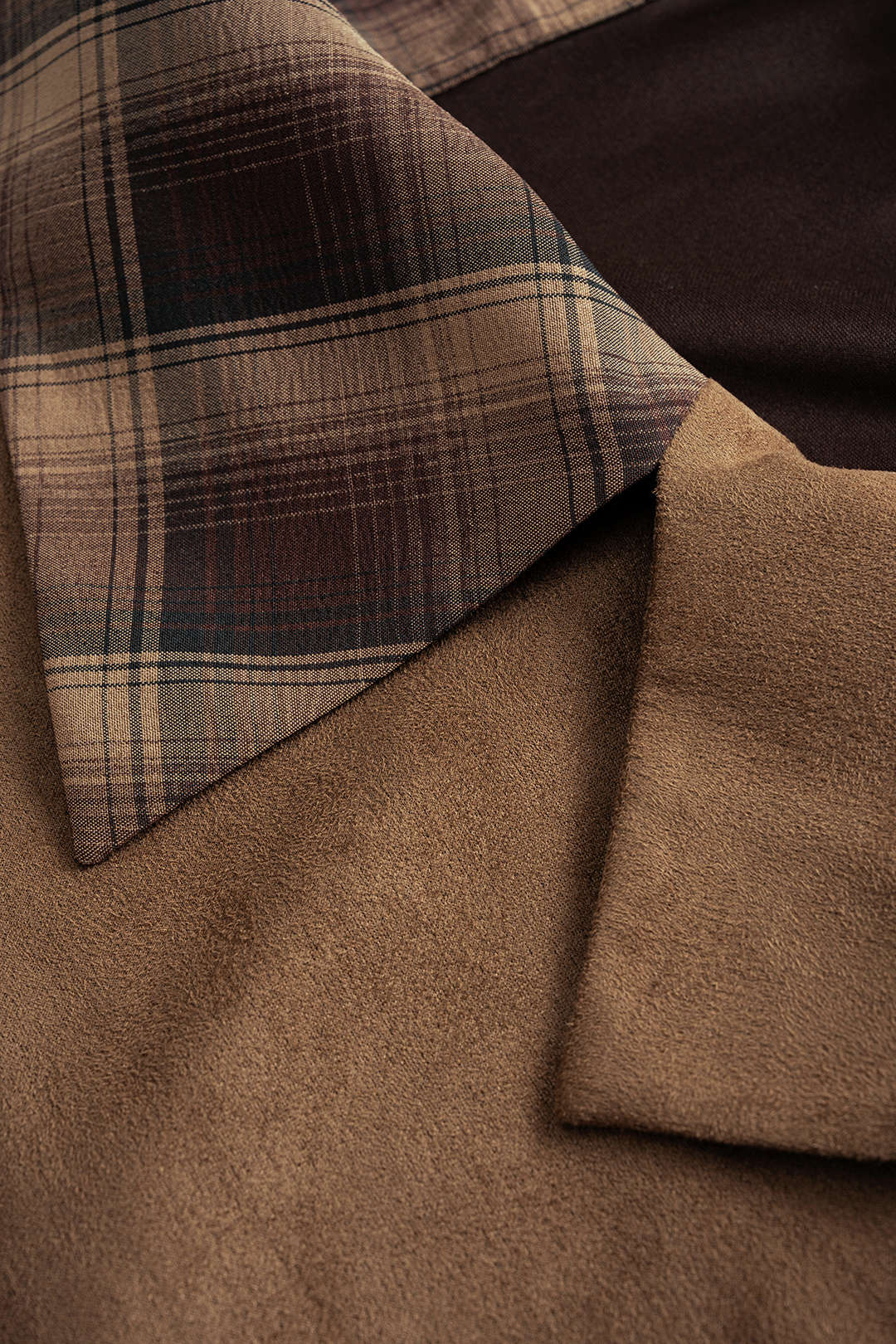 Suede Patchwork Notched Lapel Long-Sleeve Top