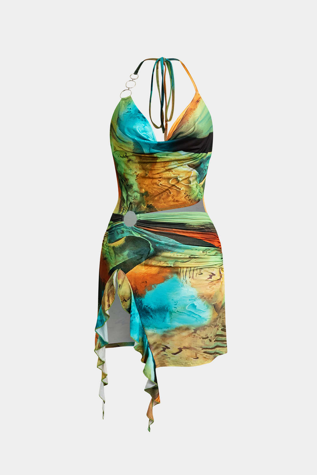 Abstract Print Halter Cowl Neck Slit Mini Dress