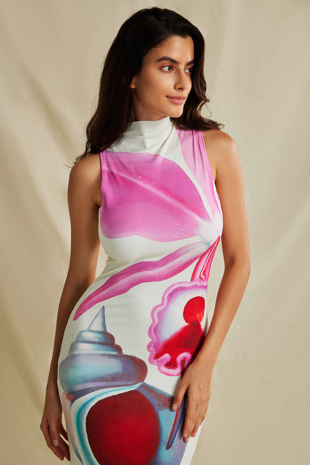 Floral Print Mock Neck Slit Sleeveless Maxi Dress