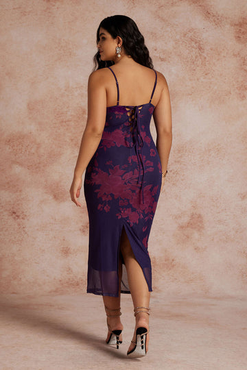 Plus Size Floral Print Mesh Slip Maxi Dress