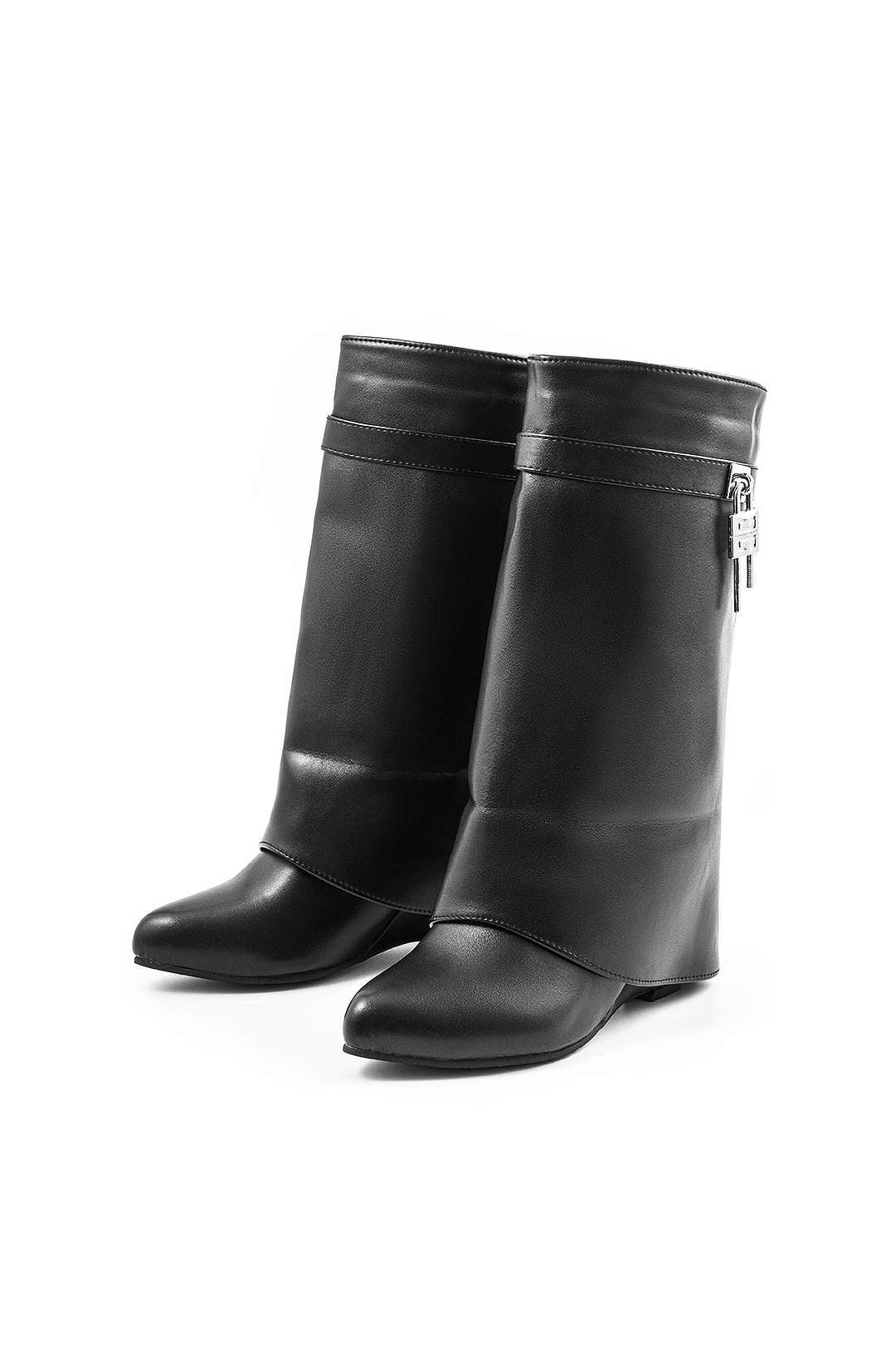 Faux Leather Metallic Zipper Round Toe Mid Calf Boots