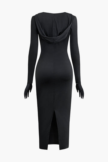 Cowl Neck Long Sleeve Slit Maxi Dress With Glove