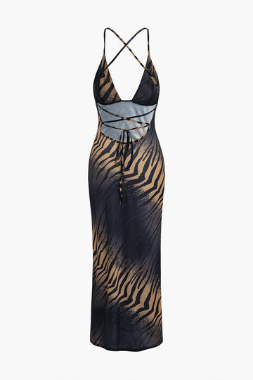 Tiger Print Tie Back Criss Cross V-neck Maxi Dress