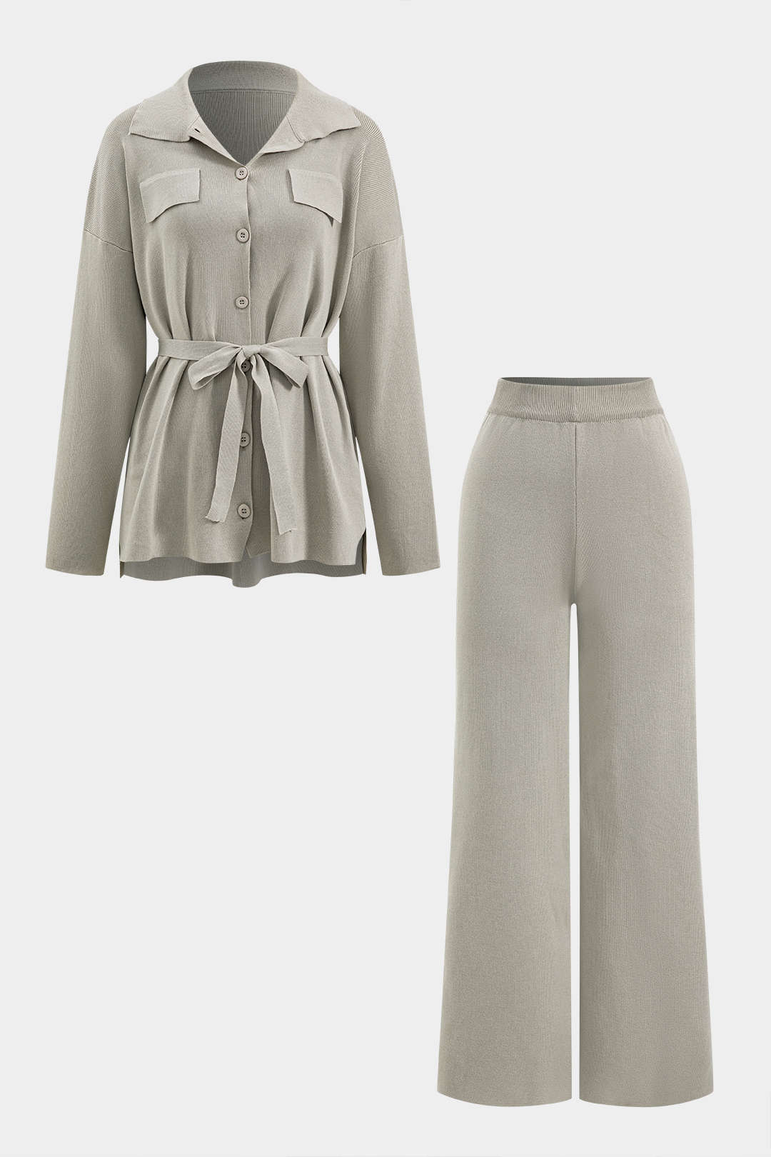 Knit Tie-Up Button Pocket Long-Sleeve Top And Trousers Set