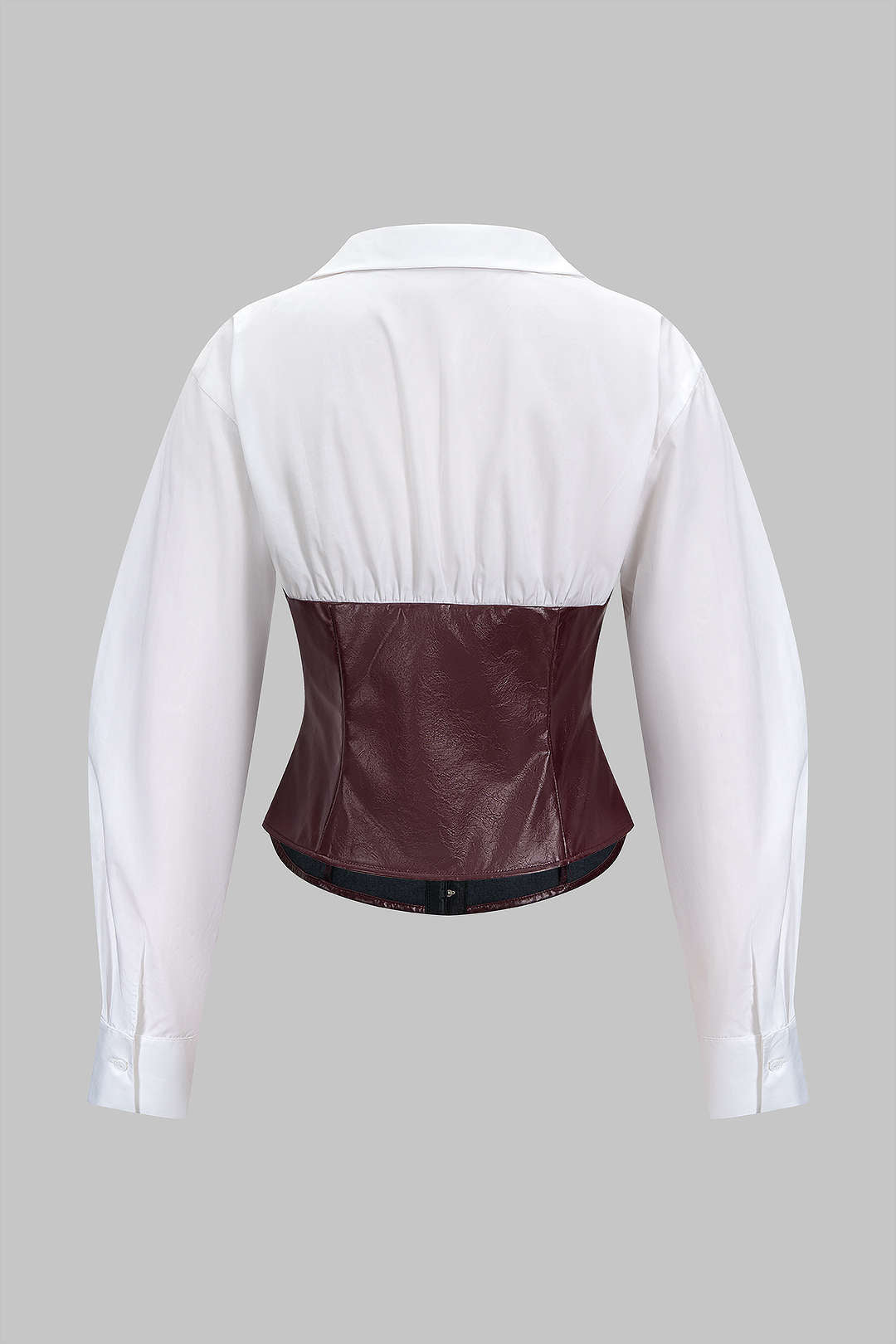 Faux Leather Patchwork Hook And Eye Waist-Cinching Long-Sleeve Shirt