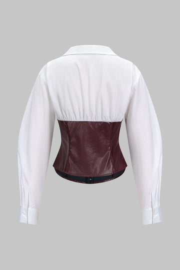 Faux Leather Patchwork Hook And Eye Waist-Cinching Long-Sleeve Shirt