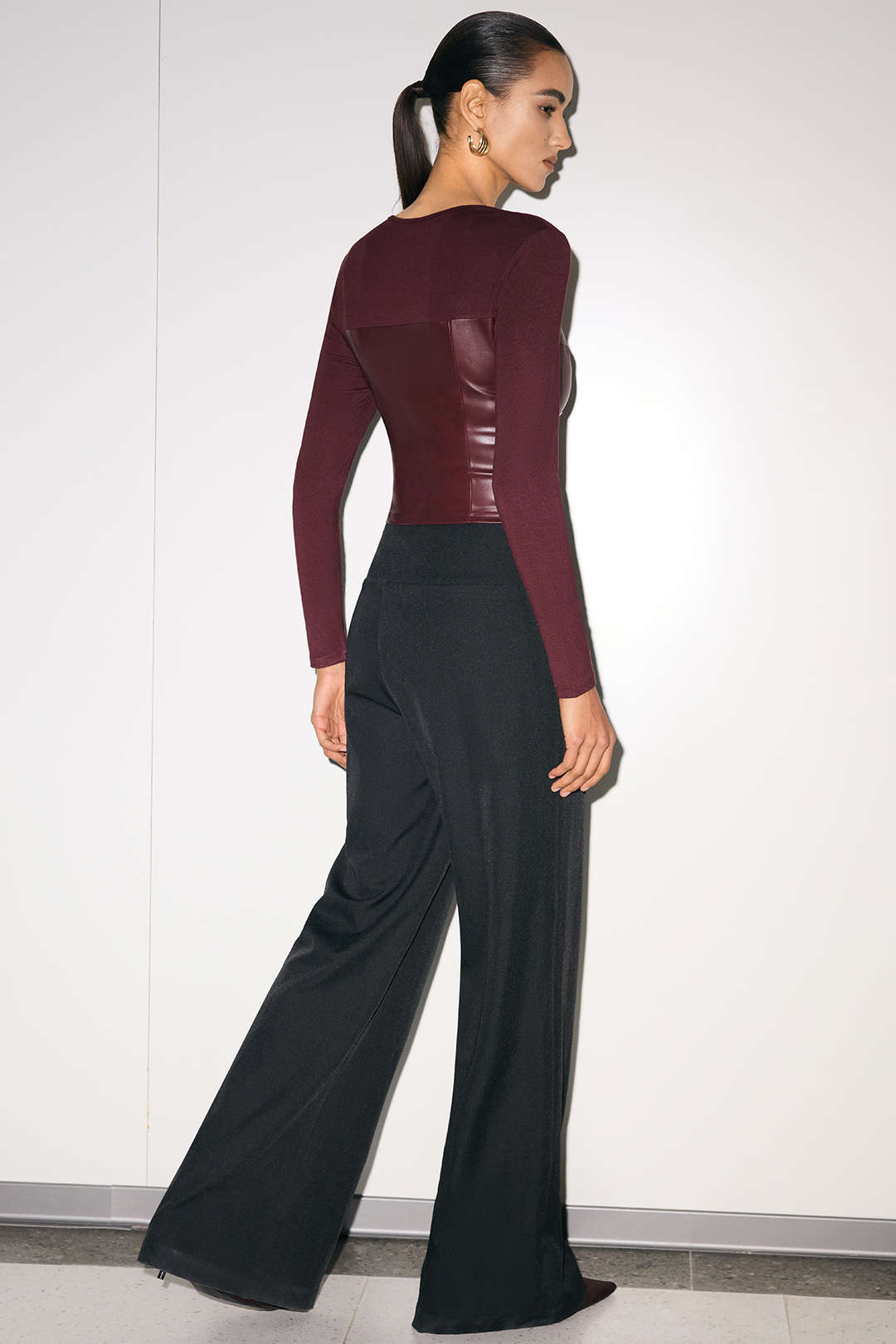 Faux Leather Zipper Patchwork Long-Sleeve Top