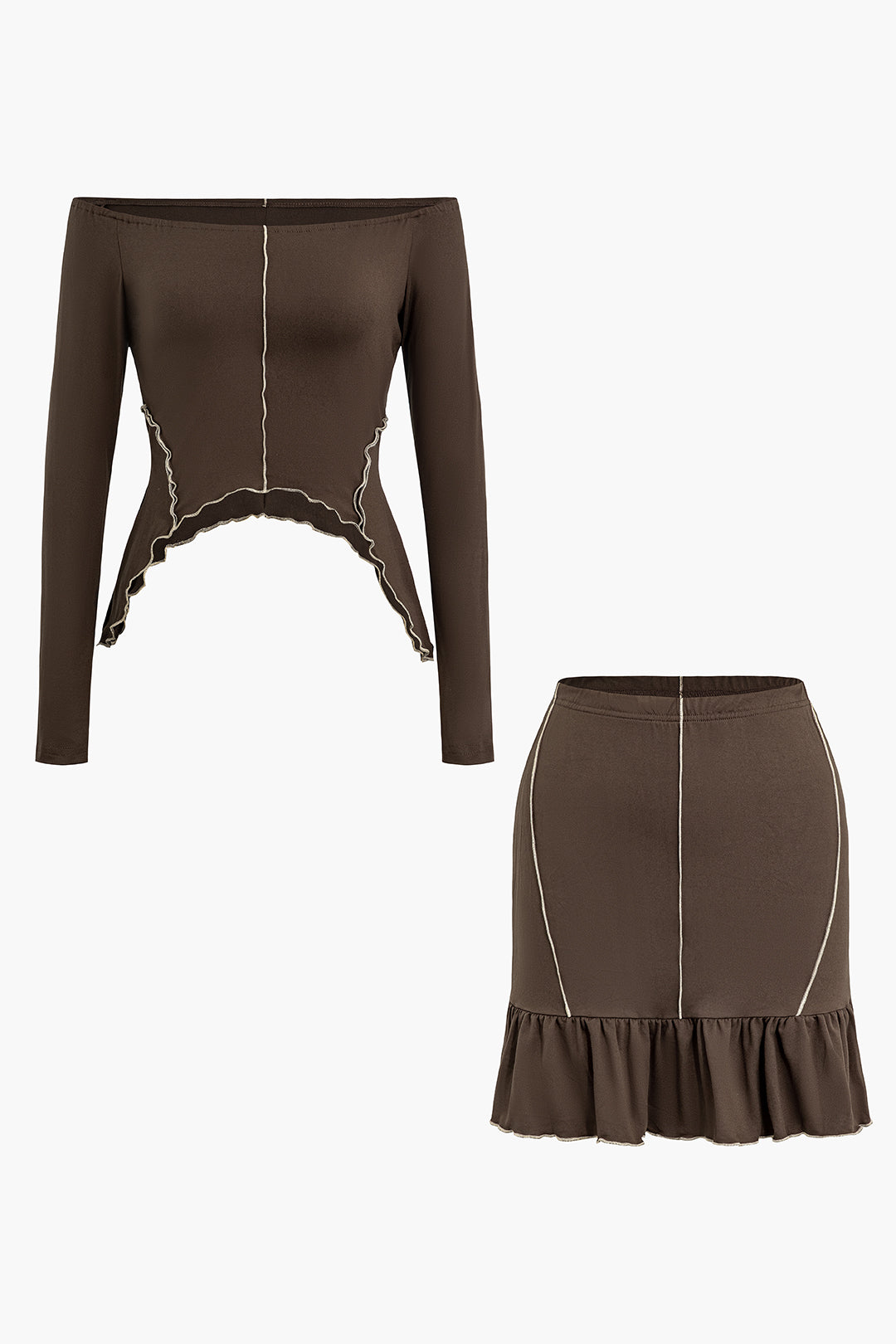 Contrast Stitching Off Shoulder Long Sleeve Top And Ruffle Mini Skirt Set