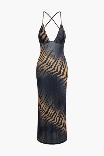 Tiger Print Tie Back Criss Cross V-neck Maxi Dress