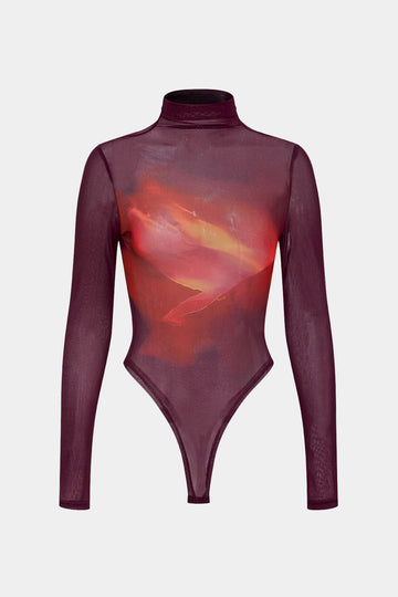 Ombre print mesh long sleeve bodysuit