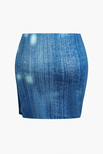 Plus Size Denim Cami Top And Split Skirt Set