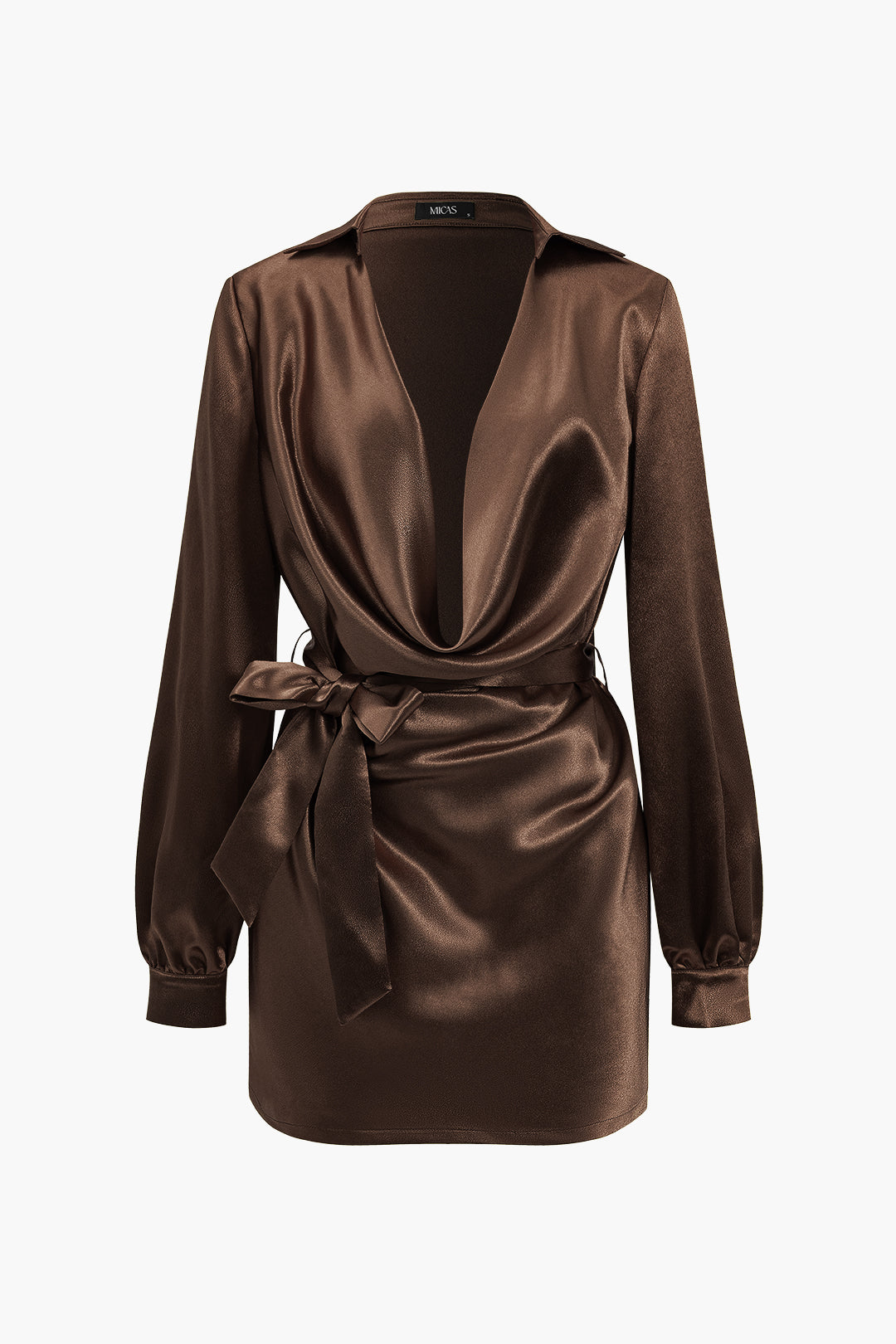 Solid Tie Front Draped Cowl Neck Belted Mini Dress Micas Solid Tie Front Draped Cowl Neck Belted Mini Dress Micas