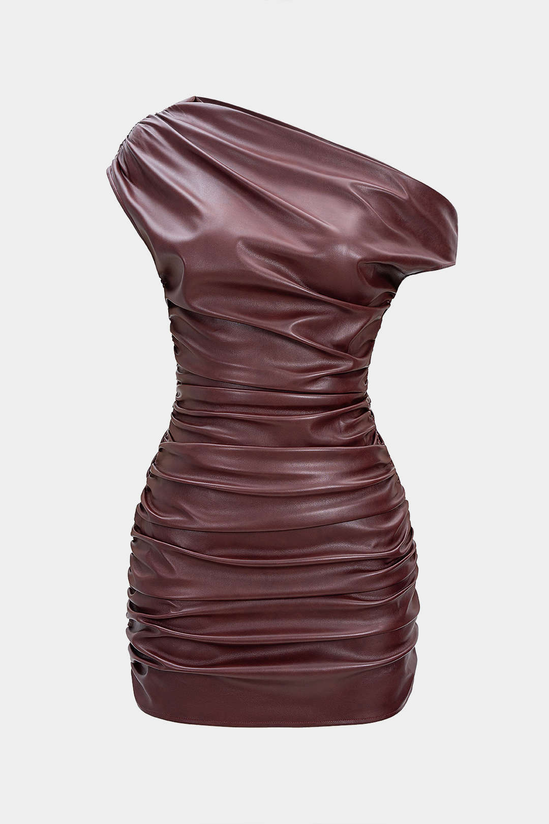 Faux Leather Ruched Boat Neck Asymmetrical Sleeveless Mini Dress