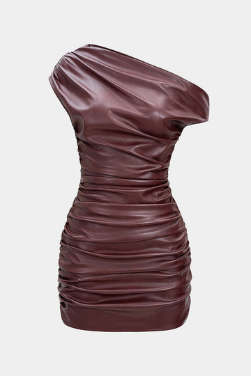 Faux Leather Ruched Boat Neck Asymmetrical Sleeveless Mini Dress