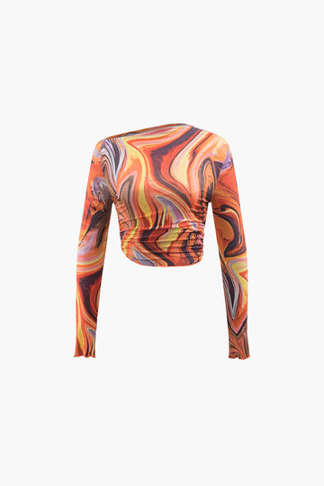 Abstract Print Asymmetric Long Sleeve Crop Top And Midi Skirt Set
