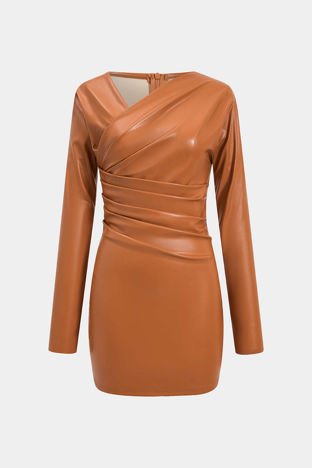 Faux Leather Ruched V-Neck Long Sleeve Mini Dress