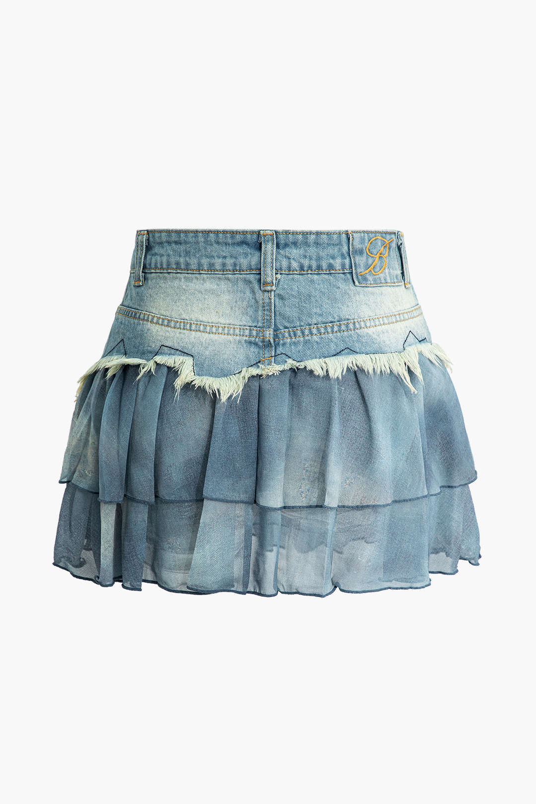 Mesh Patchwork Frayed Denim Mini Skirt