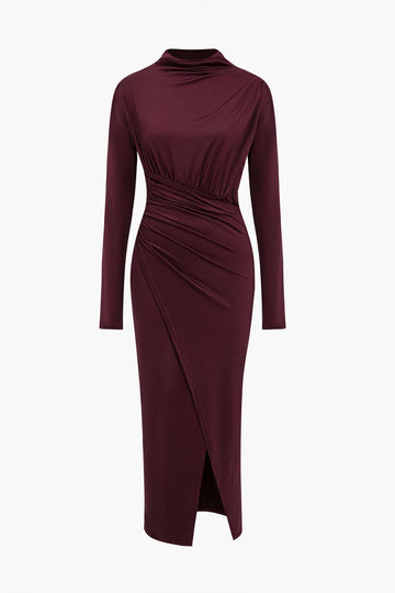 Solid Asymmetrical Ruched Slit Long-Sleeve Maxi Dress