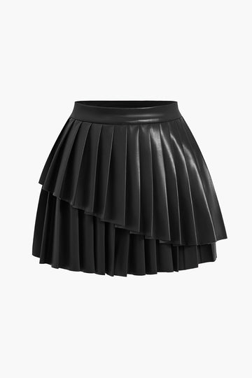 Solid Faux Leather Pleated Asymmetrical Skirt