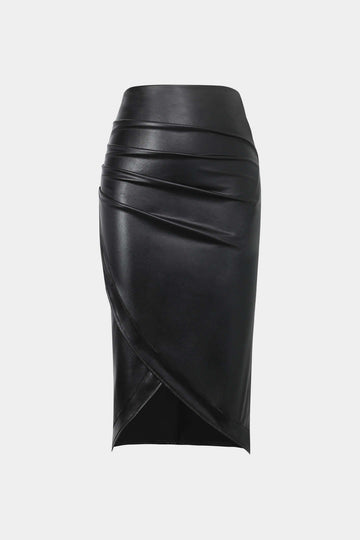 Faux Leather Wrap Ruched Midi Skirt