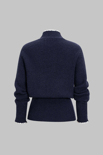 Knit Contrast Button Tie-Up Cardigan