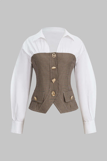 Plaid Print Irregular Button Zipper Long-Sleeved Top