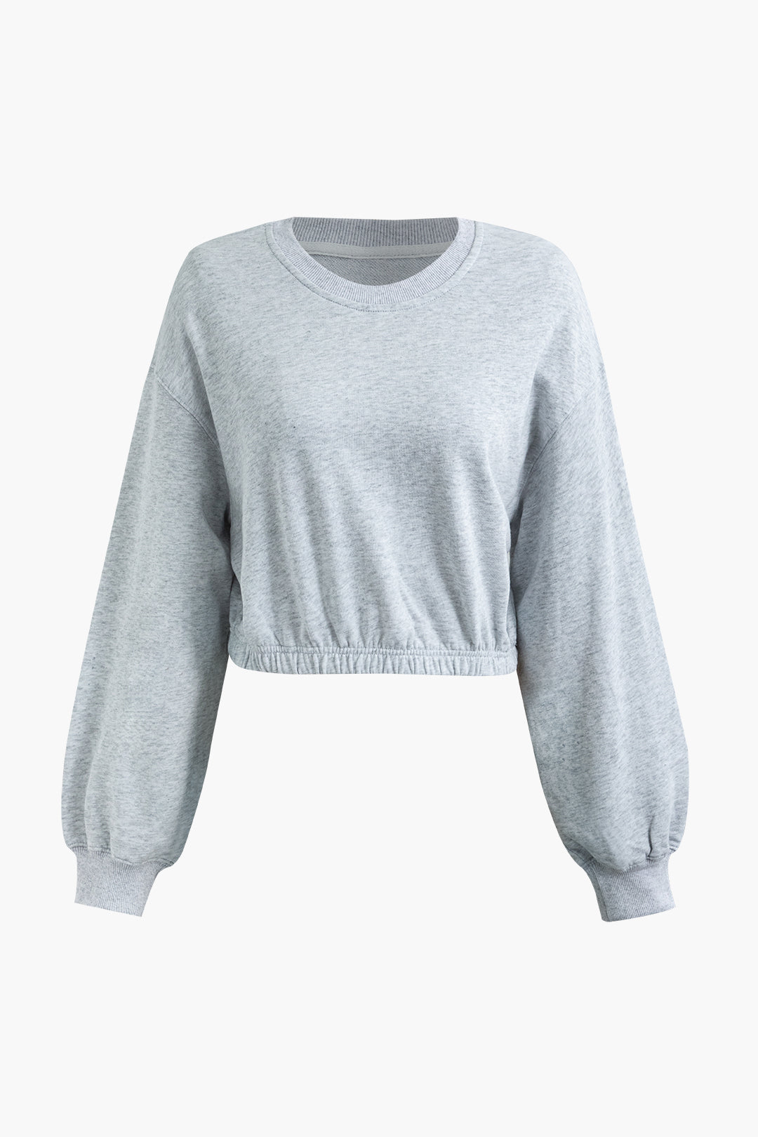 Basic Solid Round Neck Elastic Hem Crop Sweatshirt