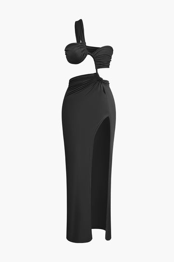 Asymmetrical Twist Ruched Slit One Shoulder Maxi Dress