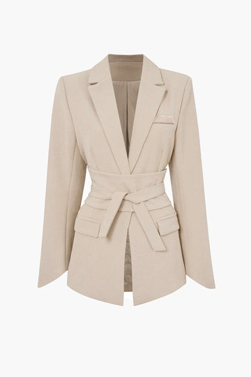 Basic Solid Notched Lapel Belted Blazer