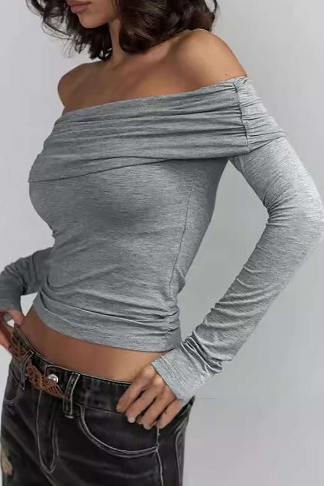 Solid Ruched Off Shoulder Long-Sleeve Top