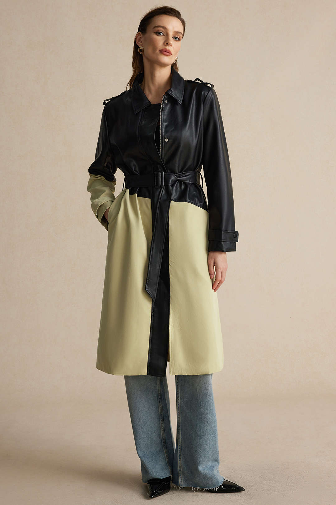 Contrast Faux Leather Patchwork Pocket Belted Coat