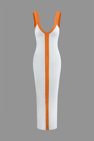 Colorblock V-neck Knit Split Maxi Dress