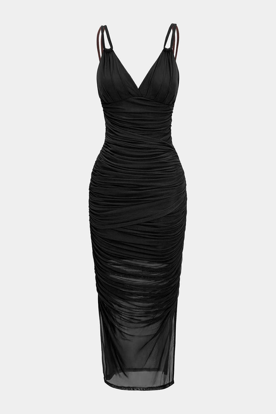 Mesh Ruched Slip V-Neck Sleeveless Maxi Dress
