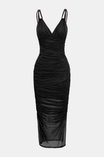 Mesh Ruched Slip V-Neck Sleeveless Maxi Dress