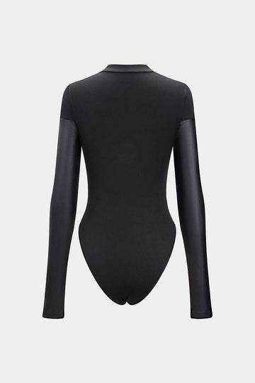 Mock Neck Faux Leather Paneled Long Sleeve Bodysuit