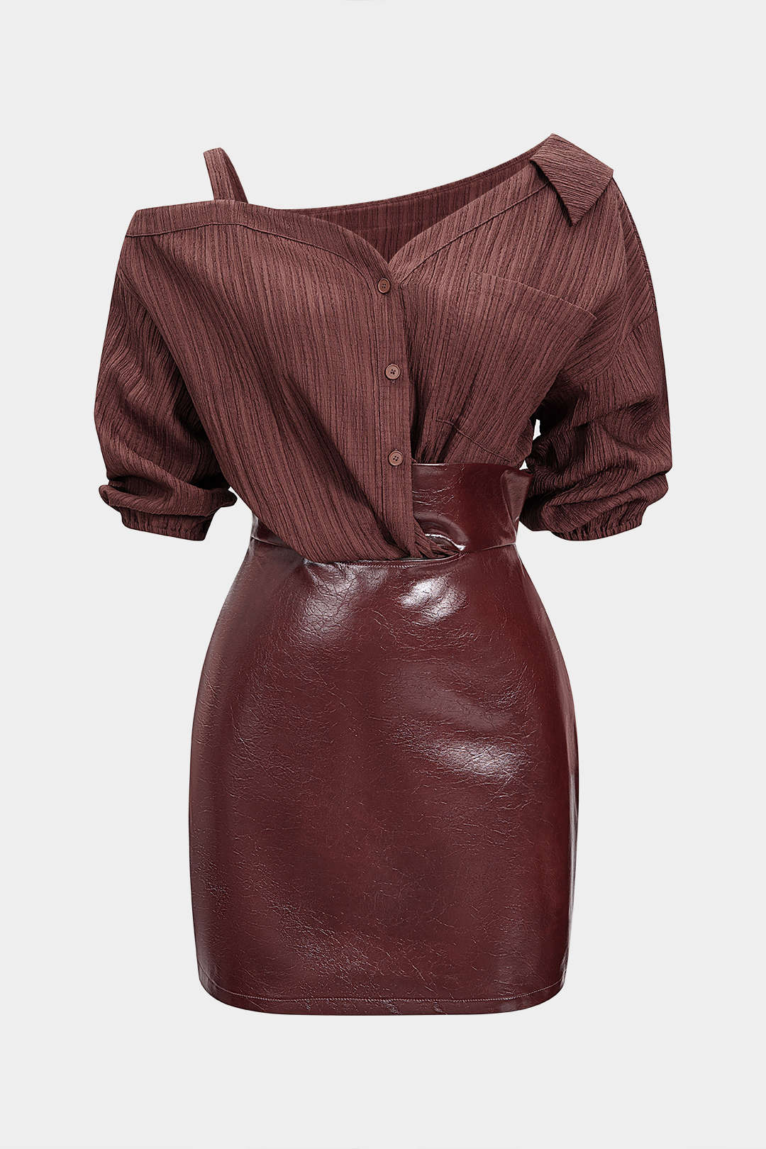 Faux Leather Patchwork Asymmetrical Short Sleeve Mini Dress