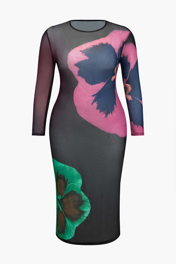 Plus maat bloemenprint mesh maxi jurk