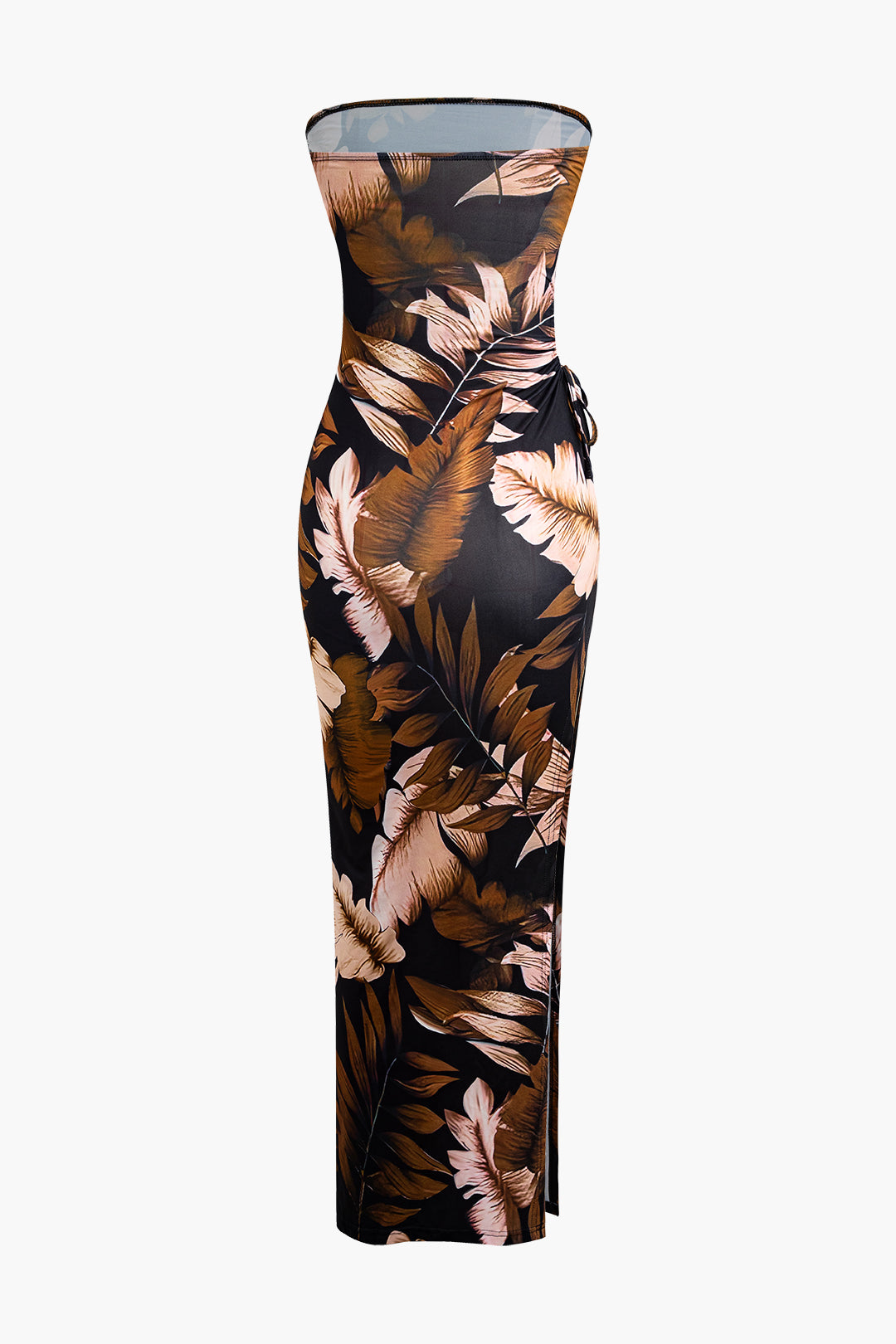 Leaf Print Strapless Slit Cut Out Midi Dress