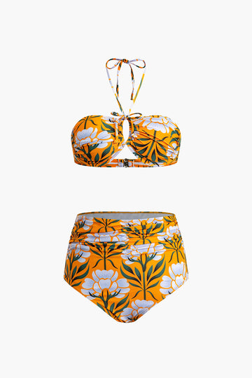 Floral Print Tie Halter Bikini And Wrap Knot Skirt Swimsuit Set