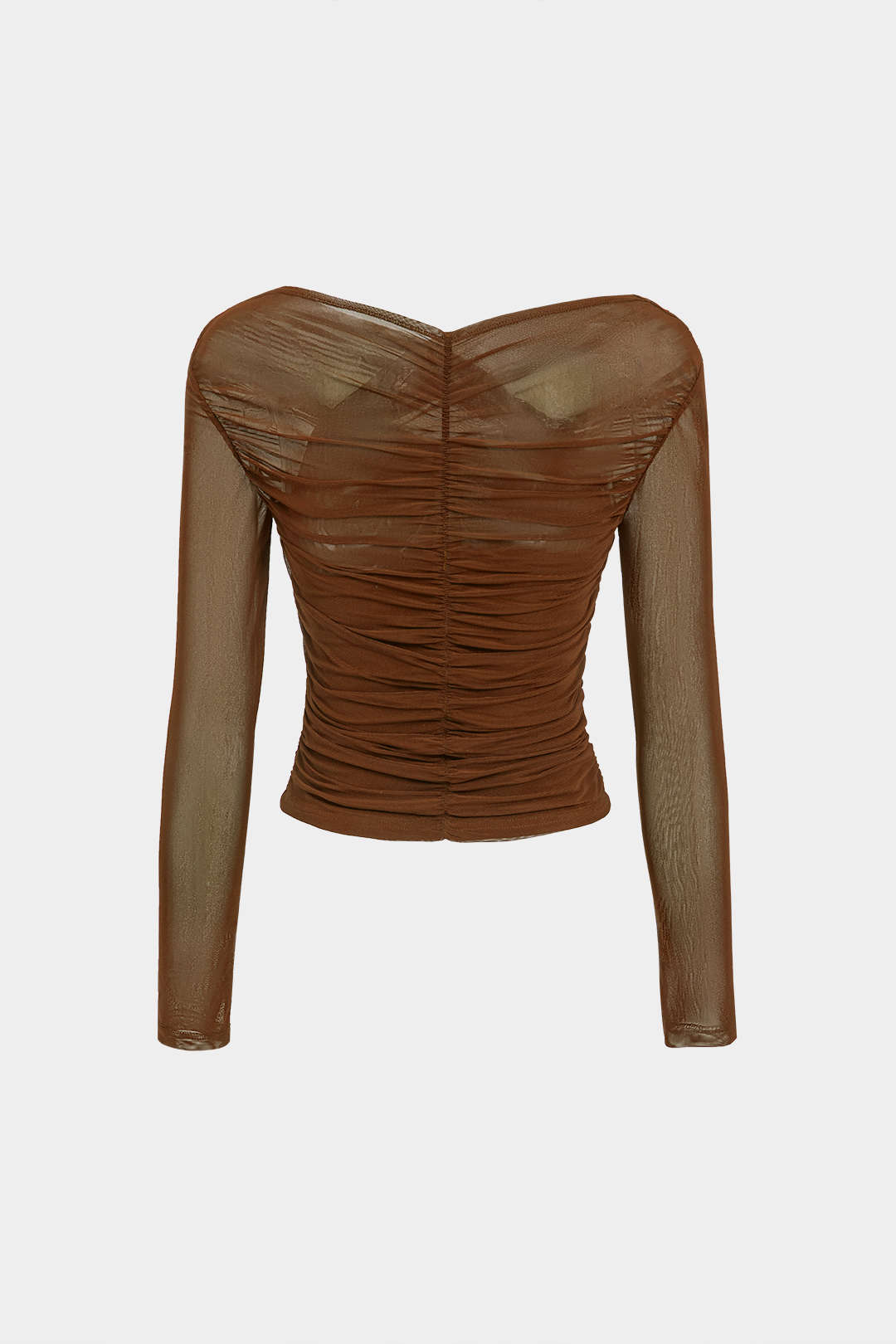 Solid Sheer Mesh Ruched Long-Sleeve Top