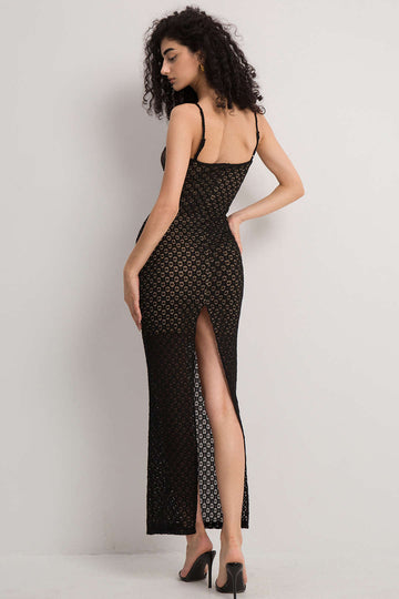 Black Dot & Lace Textured Slit Maxi Dress