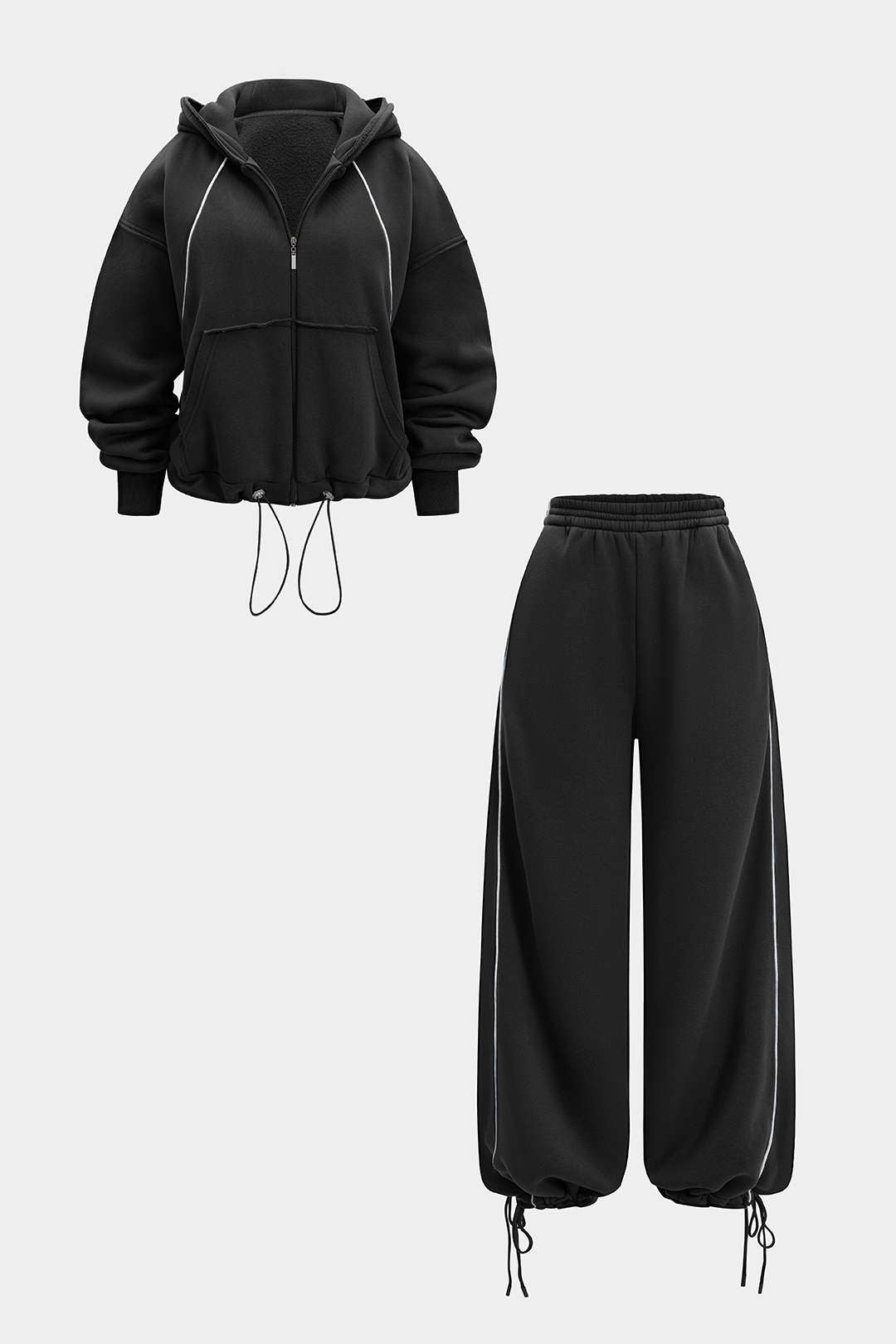 Drawstring Zipper Hoodie And Straight Leg Tie-Up Trousers Set