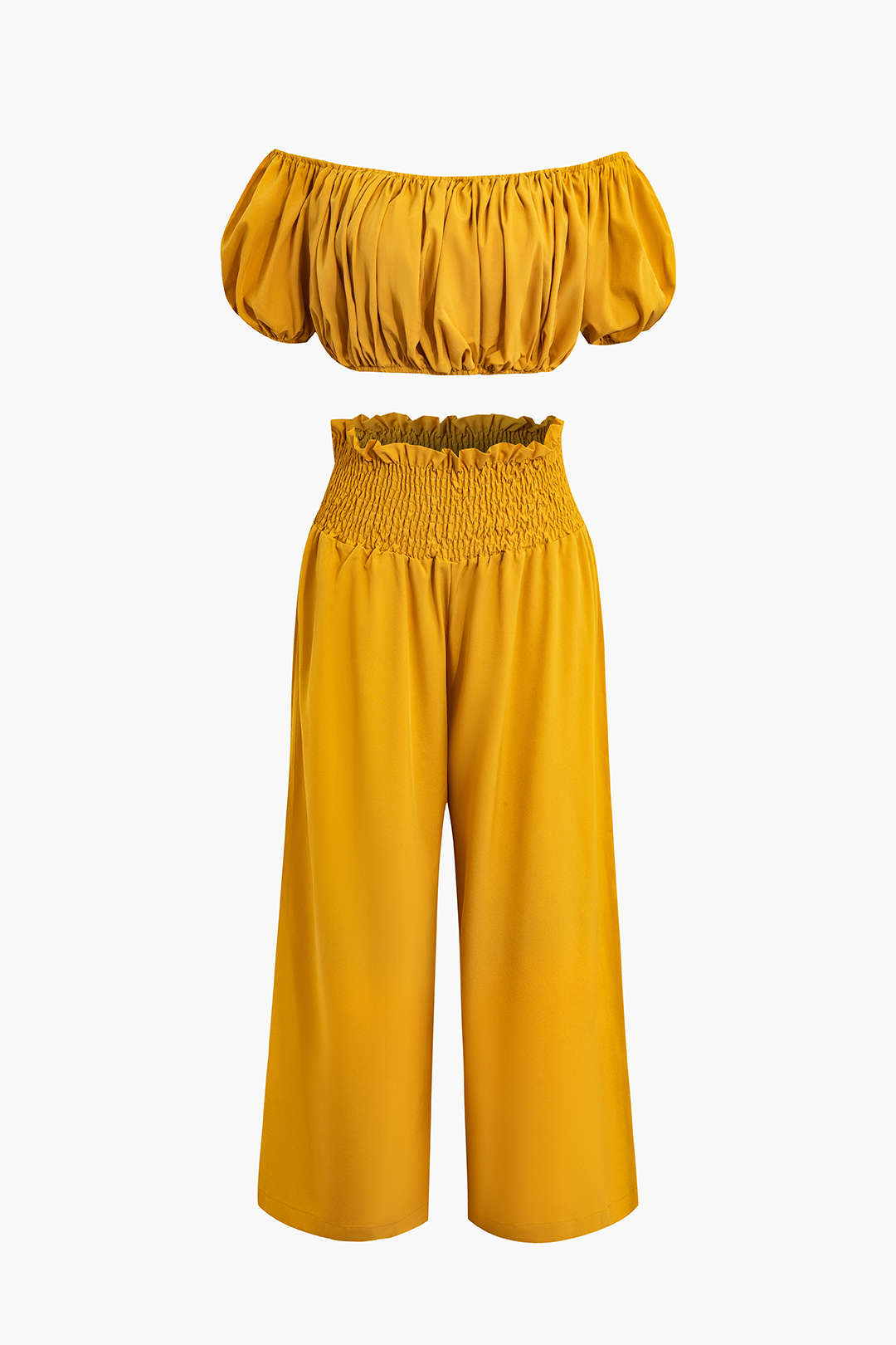 Pleated Off Shoulder Crop Tube Top And Wide Leg Pants Set