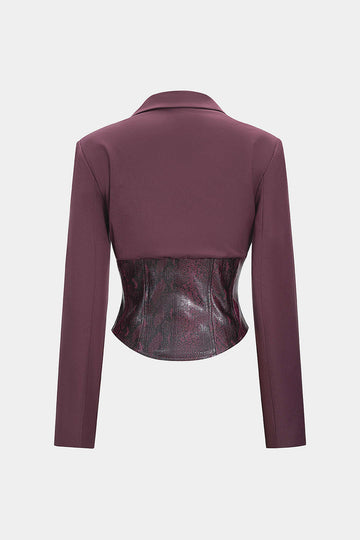 Snake Skin Print Faux Leather Hook And Eye Notched Lapel Blazer