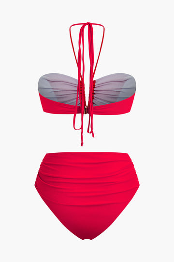 3D Flower Ruched Halter 2pc Bikini Swimsuit