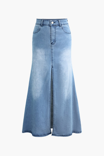 Faded Split Denim Maxi Skirt